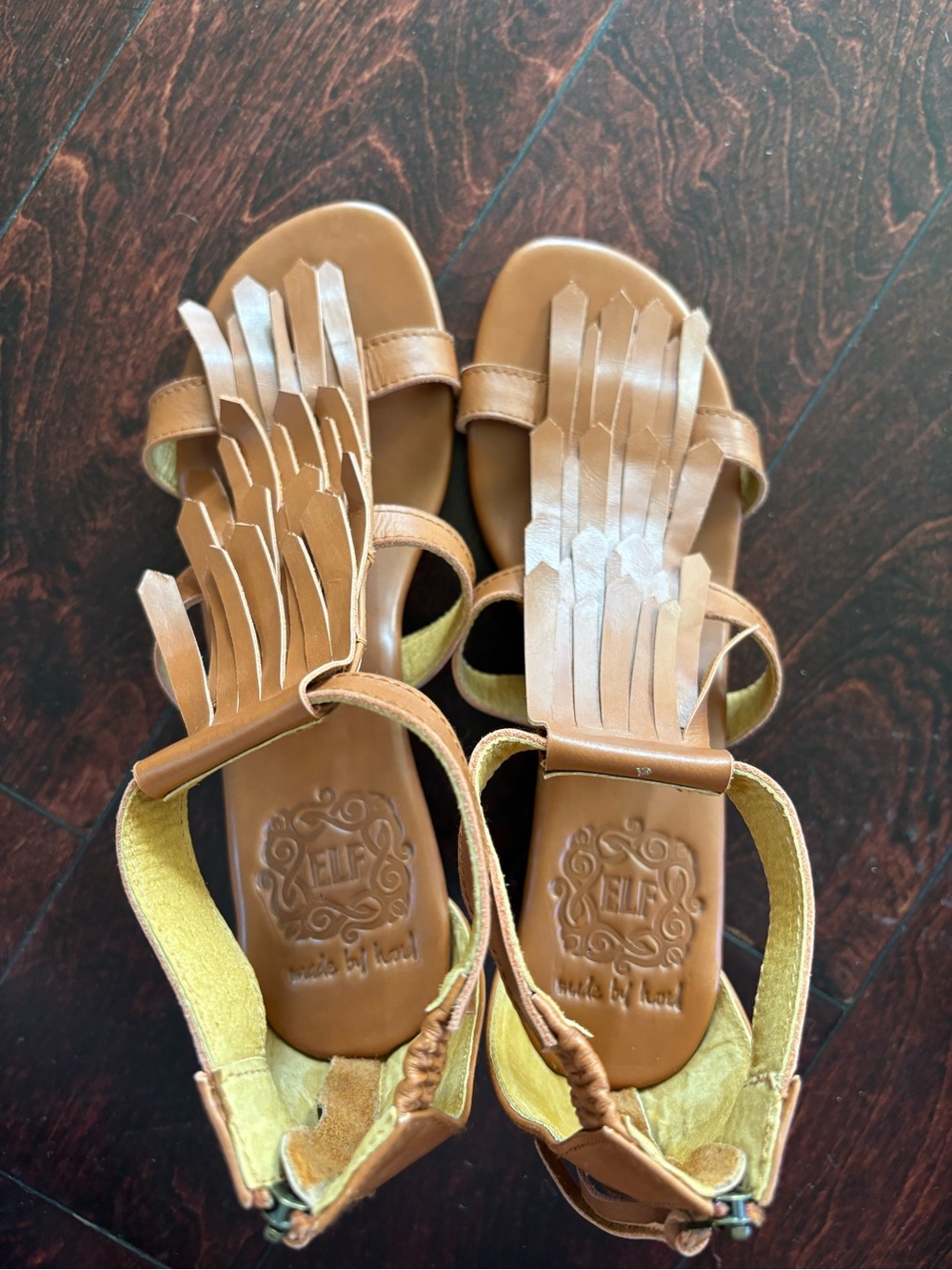 ELF Cognac Fringe Leather Wedge Sandals - Picture 7 of 8